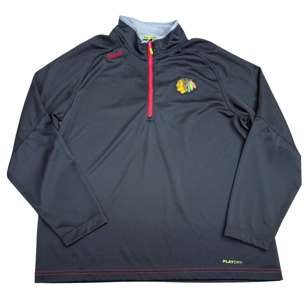 Reebok Chicago Blackhawks NHL Center Ice Quarter Zip Pullover Mens XL Black EUC